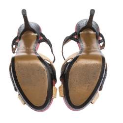 Pre Owned Fendi Tri Color Raffia And Snakeskin Strappy Slingback Platform Sandals Size 37.5