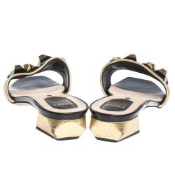 Pre Owned Fendi Gold Leather Studded Open Toe Flat Slides Size 38
