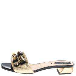 Pre Owned Fendi Gold Leather Studded Open Toe Flat Slides Size 38