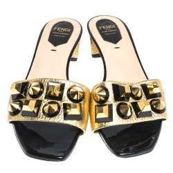 Pre Owned Fendi Gold Leather Studded Open Toe Flat Slides Size 38