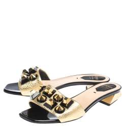 Pre Owned Fendi Gold Leather Studded Open Toe Flat Slides Size 38