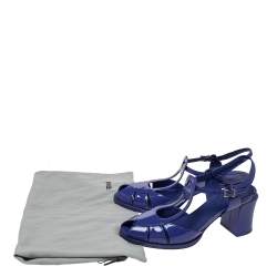 Pre Owned Fendi Blue Patent Leather Chameleon Block Heel Sandals Size 38