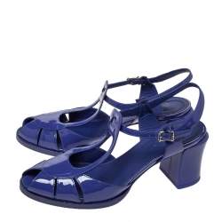 Pre Owned Fendi Blue Patent Leather Chameleon Block Heel Sandals Size 38