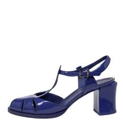 Pre Owned Fendi Blue Patent Leather Chameleon Block Heel Sandals Size 38