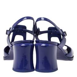 Pre Owned Fendi Blue Patent Leather Chameleon Block Heel Sandals Size 38