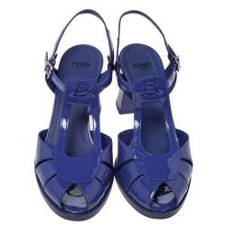 Pre Owned Fendi Blue Patent Leather Chameleon Block Heel Sandals Size 38