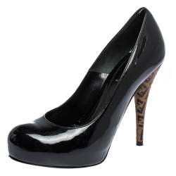 Pre Owned Fendi Black Patent Leather Zucca Heel Platform Pumps Size 37