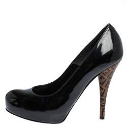 Pre Owned Fendi Black Patent Leather Zucca Heel Platform Pumps Size 37