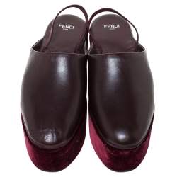 Pre Owned Fendi Burgundy Leather Platform Slingback Mules Sandals Size 38