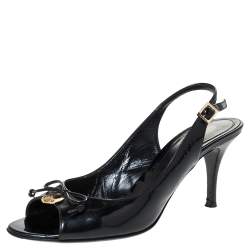 Pre Owned Fendi Black Patent Leather Logo Plaque Peep Toe Slingback Sandals Size 38