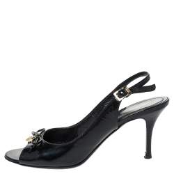 Pre Owned Fendi Black Patent Leather Logo Plaque Peep Toe Slingback Sandals Size 38