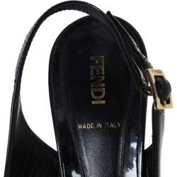 Pre Owned Fendi Black Patent Leather Logo Plaque Peep Toe Slingback Sandals Size 38