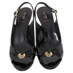 Pre Owned Fendi Black Patent Leather Logo Plaque Peep Toe Slingback Sandals Size 38