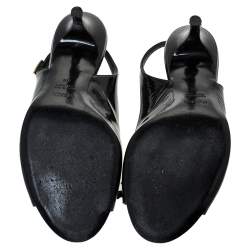 Pre Owned Fendi Black Patent Leather Logo Plaque Peep Toe Slingback Sandals Size 38