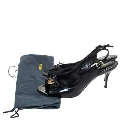 Pre Owned Fendi Black Patent Leather Logo Plaque Peep Toe Slingback Sandals Size 38