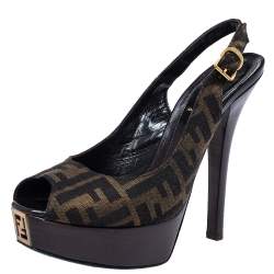 Pre Owned Fendi Tobacco Zucca Canvas Fendista Platform Slingback Sandals Size 39.5