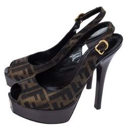 Pre Owned Fendi Tobacco Zucca Canvas Fendista Platform Slingback Sandals Size 39.5