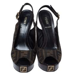 Pre Owned Fendi Tobacco Zucca Canvas Fendista Platform Slingback Sandals Size 39.5