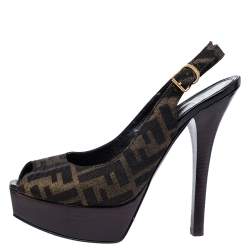 Pre Owned Fendi Tobacco Zucca Canvas Fendista Platform Slingback Sandals Size 39.5