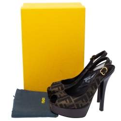 Pre Owned Fendi Tobacco Zucca Canvas Fendista Platform Slingback Sandals Size 39.5