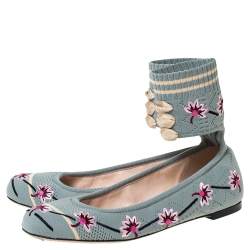 Pre Owned Fendi Blue Floral Embroidered Knit Fabric Rockoko Ankle Cuff Ballet Flat Size 37.5