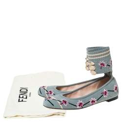 Pre Owned Fendi Blue Floral Embroidered Knit Fabric Rockoko Ankle Cuff Ballet Flat Size 37.5