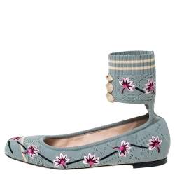 Pre Owned Fendi Blue Floral Embroidered Knit Fabric Rockoko Ankle Cuff Ballet Flat Size 37.5