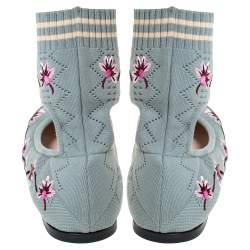 Pre Owned Fendi Blue Floral Embroidered Knit Fabric Rockoko Ankle Cuff Ballet Flat Size 37.5