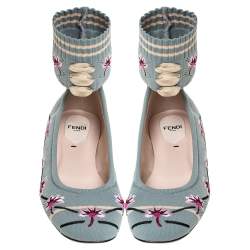 Pre Owned Fendi Blue Floral Embroidered Knit Fabric Rockoko Ankle Cuff Ballet Flat Size 37.5