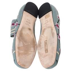 Pre Owned Fendi Blue Floral Embroidered Knit Fabric Rockoko Ankle Cuff Ballet Flat Size 37.5