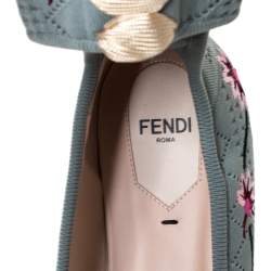 Pre Owned Fendi Blue Floral Embroidered Knit Fabric Rockoko Ankle Cuff Ballet Flat Size 37.5