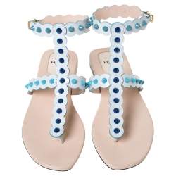 Pre Owned Fendi White Leather Studded Thong Flat Sandals Size 39