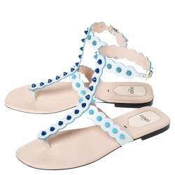 Pre Owned Fendi White Leather Studded Thong Flat Sandals Size 39