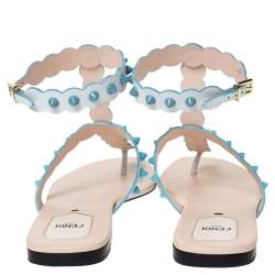 Pre Owned Fendi White Leather Studded Thong Flat Sandals Size 39