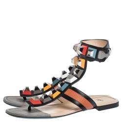 Pre Owned Fendi Multicolor Lizard Embossed Leather Studded Ankle Cuff Flat Sandals Size 38.5