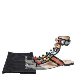 Pre Owned Fendi Multicolor Lizard Embossed Leather Studded Ankle Cuff Flat Sandals Size 38.5