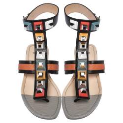 Pre Owned Fendi Multicolor Lizard Embossed Leather Studded Ankle Cuff Flat Sandals Size 38.5