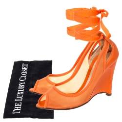 Pre Owned  Fendi Orange Mesh And Leather Peep Toe Cut Out Wedge Ankle Warp Pumps Size 39