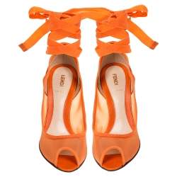 Pre Owned  Fendi Orange Mesh And Leather Peep Toe Cut Out Wedge Ankle Warp Pumps Size 39