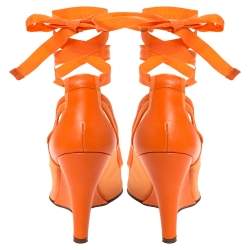 Pre Owned  Fendi Orange Mesh And Leather Peep Toe Cut Out Wedge Ankle Warp Pumps Size 39