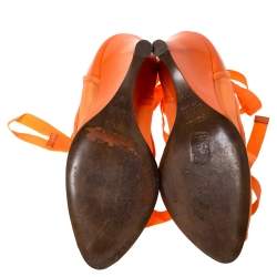 Pre Owned  Fendi Orange Mesh And Leather Peep Toe Cut Out Wedge Ankle Warp Pumps Size 39