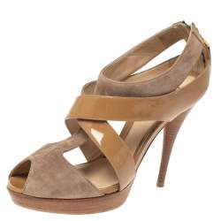Fendi Beige Patent and Suede Criss Cross Platform Sandals Size 38