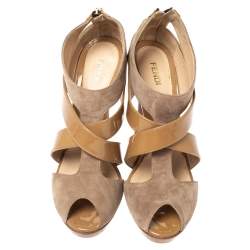 Fendi Beige Patent and Suede Criss Cross Platform Sandals Size 38