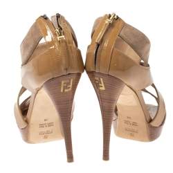Fendi Beige Patent and Suede Criss Cross Platform Sandals Size 38