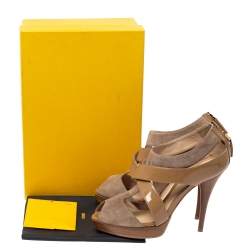 Fendi Beige Patent and Suede Criss Cross Platform Sandals Size 38