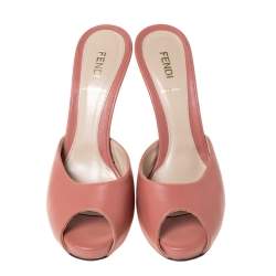 Pre Owned Fendi Coral Pink Leather And Zucca Heel Peep Toe Slides Size 38