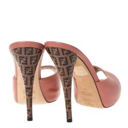 Pre Owned Fendi Coral Pink Leather And Zucca Heel Peep Toe Slides Size 38