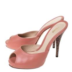 Pre Owned Fendi Coral Pink Leather And Zucca Heel Peep Toe Slides Size 38