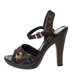 مملوكة مسبقًا Fendi Brown Zucca Canvas And Leather Trim Open Toe Ankle Strap Sandals Size 36