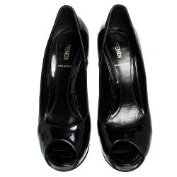 Pre Owned Fendi Black Patent Leather FF Heels Peep Toe Platform Pumps Size 40